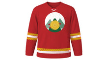 Load image into Gallery viewer, Double Ninth Festival Original Hockey Jersey in Maple Red, front view – golden chrysanthemum and mountain peaks crest – custom name and number