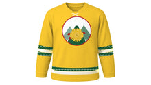 Load image into Gallery viewer, Double Ninth Festival Original Hockey Jersey in Chrysanthemum Yellow, front view – golden chrysanthemum and mountain peaks crest – custom name and number