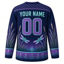 Load image into Gallery viewer, Dragonfly Marsh Original Hockey Jersey in Twilight Indigo, back view with your name and number – wing-lattice yoke and reed-stripe sleeve bands