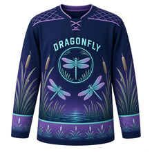 Load image into Gallery viewer, Dragonfly Marsh Original Hockey Jersey in Twilight Indigo, front view – dragonflies over marsh reeds and cattails with dragonfly crest, custom name and number