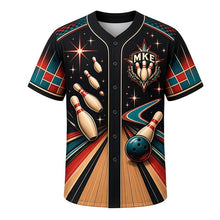 Load image into Gallery viewer, Duckpin Bowling Milwaukee Baseball Jersey in Lane Black, front view – retro bowling pins, lanes and atomic starburst art, custom name and number