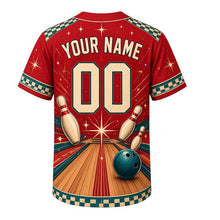 Load image into Gallery viewer, Duckpin Bowling Milwaukee Baseball Jersey in Cherry Red, back view with your name and number – checkered and starburst sleeve trim
