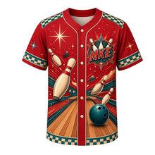 Load image into Gallery viewer, Duckpin Bowling Milwaukee Baseball Jersey in Cherry Red, front view – retro bowling pins, lanes and atomic starburst art, custom name and number