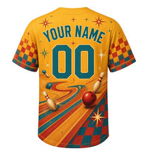 Load image into Gallery viewer, Duckpin Bowling Milwaukee Baseball Jersey in Retro Mustard, back view with your name and number – checkered and starburst sleeve trim
