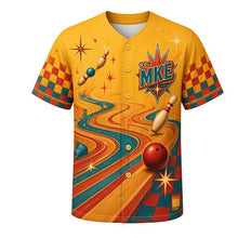 Load image into Gallery viewer, Duckpin Bowling Milwaukee Baseball Jersey in Retro Mustard, front view – retro bowling pins, lanes and atomic starburst art, custom name and number