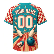 Load image into Gallery viewer, Duckpin Bowling Milwaukee Baseball Jersey in Atomic Teal, back view with your name and number – checkered and starburst sleeve trim