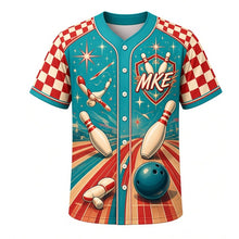 Load image into Gallery viewer, Duckpin Bowling Milwaukee Baseball Jersey in Atomic Teal, front view – retro bowling pins, lanes and atomic starburst art, custom name and number