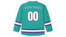 Load image into Gallery viewer, Edmonton Original Hockey Jersey in Aurora Teal, back view with your name and number
