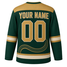 Load image into Gallery viewer, Emerald Serpent Original Hockey Jersey in Emerald Gold, back view with your name and number – snake-scale yoke and diamond-scale hem stripes