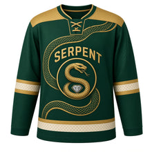 Load image into Gallery viewer, Emerald Serpent Original Hockey Jersey in Emerald Gold, front view – coiled emerald serpent winding across the chest with serpent-ring gem crest, custom name and number