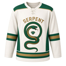 Load image into Gallery viewer, Emerald Serpent Original Hockey Jersey in Ivory Scale, front view – coiled emerald serpent winding across the chest with serpent-ring gem crest, custom name and number