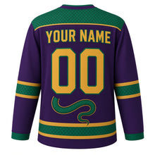 Load image into Gallery viewer, Emerald Serpent Original Hockey Jersey in Royal Plum, back view with your name and number – snake-scale yoke and diamond-scale hem stripes