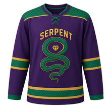 Load image into Gallery viewer, Emerald Serpent Original Hockey Jersey in Royal Plum, front view – coiled emerald serpent winding across the chest with serpent-ring gem crest, custom name and number