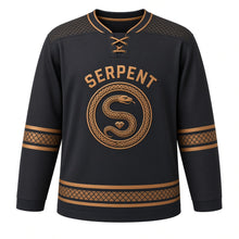 Load image into Gallery viewer, Emerald Serpent Original Hockey Jersey in Smoke Bronze, front view – coiled emerald serpent winding across the chest with serpent-ring gem crest, custom name and number