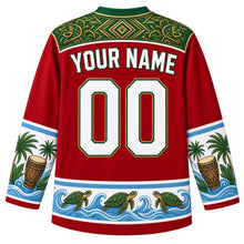 Load image into Gallery viewer, Equatorial Guinea Original Hockey Jersey in Pico Basilé Red, back view with your name and number – ornate Fang-carved chevron yoke, balélé drum sleeve bands and sea-turtle hem band, detailed artwork