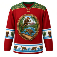 Load image into Gallery viewer, Equatorial Guinea Original Hockey Jersey in Pico Basilé Red, front view – ornate Bioko rainforest crest with drill monkey, sea turtle, volcano and mvet harp-zither, Fang-carved chevron yoke, detailed artwork, custom name and number