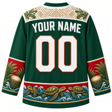 Load image into Gallery viewer, Equatorial Guinea Original Hockey Jersey in Bioko Rainforest Green, back view with your name and number – ornate Fang-carved chevron yoke, balélé drum sleeve bands and sea-turtle hem band, detailed artwork