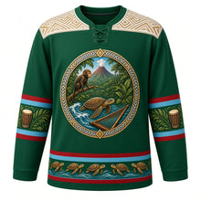Load image into Gallery viewer, Equatorial Guinea Original Hockey Jersey in Bioko Rainforest Green, front view – ornate Bioko rainforest crest with drill monkey, sea turtle, volcano and mvet harp-zither, Fang-carved chevron yoke, detailed artwork, custom name and number