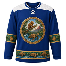Load image into Gallery viewer, Equatorial Guinea Original Hockey Jersey in Gulf of Guinea Blue, front view – ornate Bioko rainforest crest with drill monkey, sea turtle, volcano and mvet harp-zither, Fang-carved chevron yoke, detailed artwork, custom name and number
