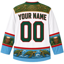 Load image into Gallery viewer, Equatorial Guinea Original Hockey Jersey in Malabo Surf White, back view with your name and number – ornate Fang-carved chevron yoke, balélé drum sleeve bands and sea-turtle hem band, detailed artwork