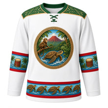 Load image into Gallery viewer, Equatorial Guinea Original Hockey Jersey in Malabo Surf White, front view – ornate Bioko rainforest crest with drill monkey, sea turtle, volcano and mvet harp-zither, Fang-carved chevron yoke, detailed artwork, custom name and number