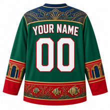 Load image into Gallery viewer, Eritrea Original Hockey Jersey in Asmara Green, back view with your name and number – ornate Art Deco geometric yoke, Massawa arcade sleeve bands and Dahlak reef hem band, detailed artwork