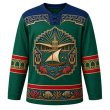 Load image into Gallery viewer, Eritrea Original Hockey Jersey in Asmara Green, front view – ornate Art Deco sunburst crest with Asmara's winged Futurist landmark, a lateen-sail dhow and Dahlak coral, Art Deco geometric yoke, detailed artwork, custom name and number