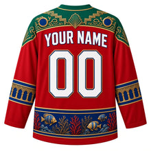 Load image into Gallery viewer, Eritrea Original Hockey Jersey in Massawa Red, back view with your name and number – ornate Art Deco geometric yoke, Massawa arcade sleeve bands and Dahlak reef hem band, detailed artwork