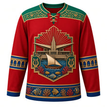 Load image into Gallery viewer, Eritrea Original Hockey Jersey in Massawa Red, front view – ornate Art Deco sunburst crest with Asmara's winged Futurist landmark, a lateen-sail dhow and Dahlak coral, Art Deco geometric yoke, detailed artwork, custom name and number
