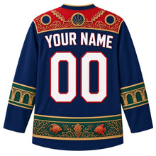 Load image into Gallery viewer, Eritrea Original Hockey Jersey in Red Sea Blue, back view with your name and number – ornate Art Deco geometric yoke, Massawa arcade sleeve bands and Dahlak reef hem band, detailed artwork