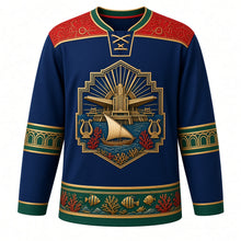 Load image into Gallery viewer, Eritrea Original Hockey Jersey in Red Sea Blue, front view – ornate Art Deco sunburst crest with Asmara's winged Futurist landmark, a lateen-sail dhow and Dahlak coral, Art Deco geometric yoke, detailed artwork, custom name and number