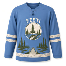 Load image into Gallery viewer, Estonia Baltic Bog Trail Original Hockey Jersey in Cornflower Blue, front view – custom name and number