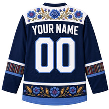 Load image into Gallery viewer, Estonia Original Hockey Jersey in Baltic Sea Navy, back view with your name and number – ornate Muhu floral embroidery yoke, Kihnu-stripe sleeve bands and rye-and-cornflower hem band, detailed artwork