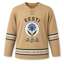 Load image into Gallery viewer, Estonia Song Festival Original Hockey Jersey in Rye Gold, front view – custom name and number