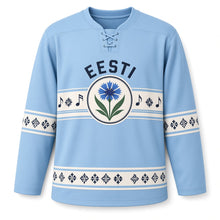 Load image into Gallery viewer, Estonia Song Festival Original Hockey Jersey in Song Sky Blue, front view – custom name and number