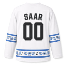 Load image into Gallery viewer, Estonia Song Festival Original Hockey Jersey in Linen White, back view with your name and number