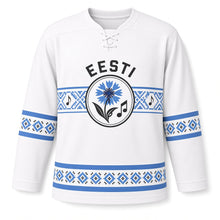Load image into Gallery viewer, Estonia Song Festival Original Hockey Jersey in Linen White, front view – custom name and number