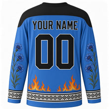 Load image into Gallery viewer, Estonian Victory Day Original Hockey Jersey in Estonian Blue, back view with custom YOUR NAME and 00