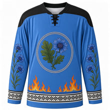 Load image into Gallery viewer, Estonian Victory Day Original Hockey Jersey in Estonian Blue, front view with themed artwork and clean crest