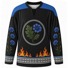 Load image into Gallery viewer, Estonian Victory Day Original Hockey Jersey in Black, front view with themed artwork and clean crest