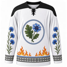 Load image into Gallery viewer, Estonian Victory Day Original Hockey Jersey in White, front view with themed artwork and clean crest