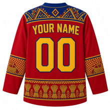 Load image into Gallery viewer, Eswatini Original Hockey Jersey in Lourie Crimson, back view with your name and number – ornate Swazi beadwork yoke, lutindzi grass-weave sleeve bands and reed-bundle hem band, detailed artwork