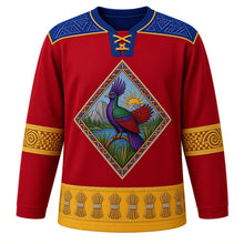 Load image into Gallery viewer, Eswatini Original Hockey Jersey in Lourie Crimson, front view – ornate beaded diamond crest with a purple-crested turaco on Umhlanga reeds before Sibebe Rock, Swazi beadwork yoke, detailed artwork, custom name and number