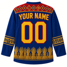 Load image into Gallery viewer, Eswatini Original Hockey Jersey in Lubombo Blue, back view with your name and number – ornate Swazi beadwork yoke, lutindzi grass-weave sleeve bands and reed-bundle hem band, detailed artwork
