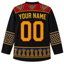 Load image into Gallery viewer, Eswatini Original Hockey Jersey in Highveld Midnight, back view with your name and number – ornate Swazi beadwork yoke, lutindzi grass-weave sleeve bands and reed-bundle hem band, detailed artwork