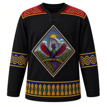 Load image into Gallery viewer, Eswatini Original Hockey Jersey in Highveld Midnight, front view – ornate beaded diamond crest with a purple-crested turaco on Umhlanga reeds before Sibebe Rock, Swazi beadwork yoke, detailed artwork, custom name and number