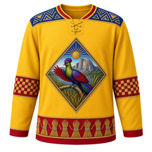 Load image into Gallery viewer, Eswatini Original Hockey Jersey in Umhlanga Gold, front view – ornate beaded diamond crest with a purple-crested turaco on Umhlanga reeds before Sibebe Rock, Swazi beadwork yoke, detailed artwork, custom name and number