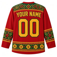 Load image into Gallery viewer, Ethiopia Original Hockey Jersey in Berbere Red, back view with your name and number – ornate tibeb-weave yoke, coffee-cherry sleeve bands and adey abeba daisy hem band, detailed artwork