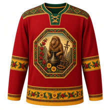 Load image into Gallery viewer, Ethiopia Original Hockey Jersey in Berbere Red, front view – ornate tibeb-framed crest with a Simien gelada, jebena coffee pot, coffee cherries and adey abeba daisies, tibeb-weave yoke, detailed artwork, custom name and number