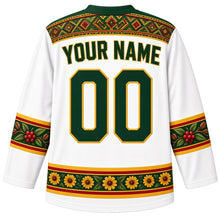 Load image into Gallery viewer, Ethiopia Original Hockey Jersey in Shemma White, back view with your name and number – ornate tibeb-weave yoke, coffee-cherry sleeve bands and adey abeba daisy hem band, detailed artwork